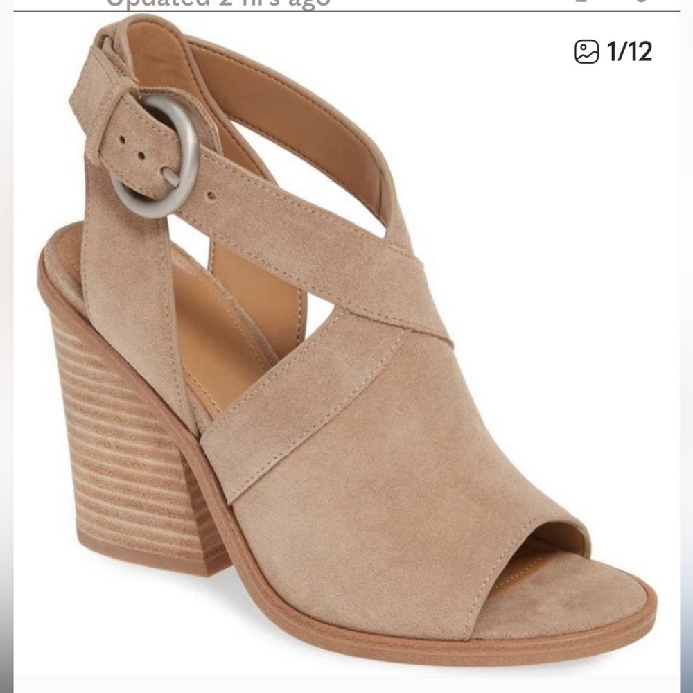 Marc Fisher. Suede Vega Sandal. Stacked heel with buckle strap.